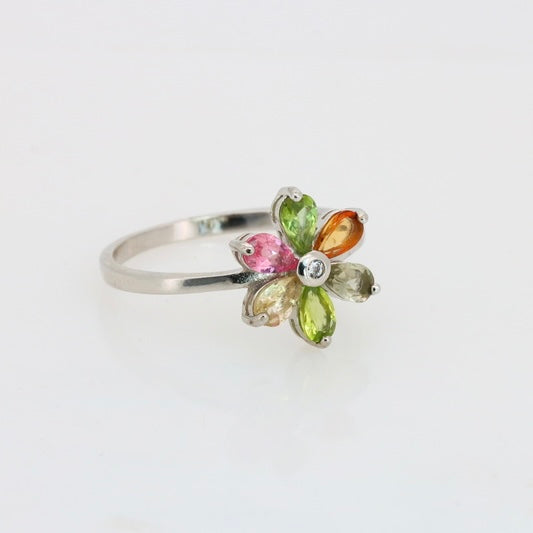Flor de Turmalinas Naturales Multicolor Anillo en Plata 925 Certificada