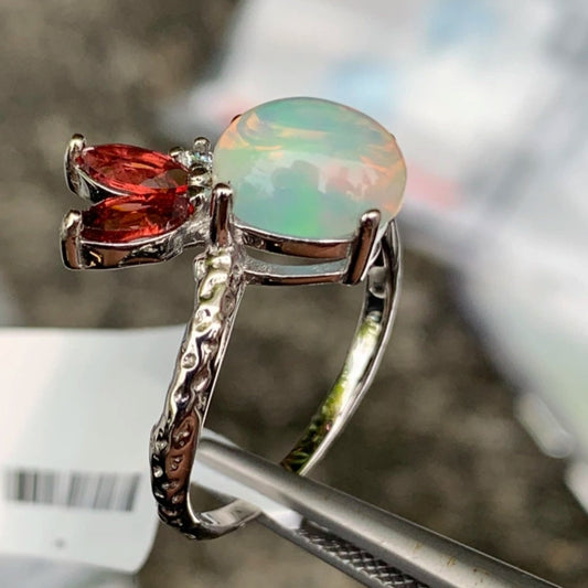 Alma de Llama – Bague opale naturelle et grenat en argent 925