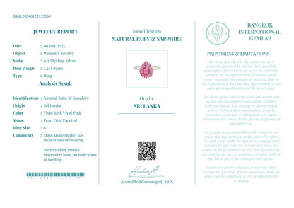 Couronne rose – Bague rubis naturel et saphirs roses en argent 925