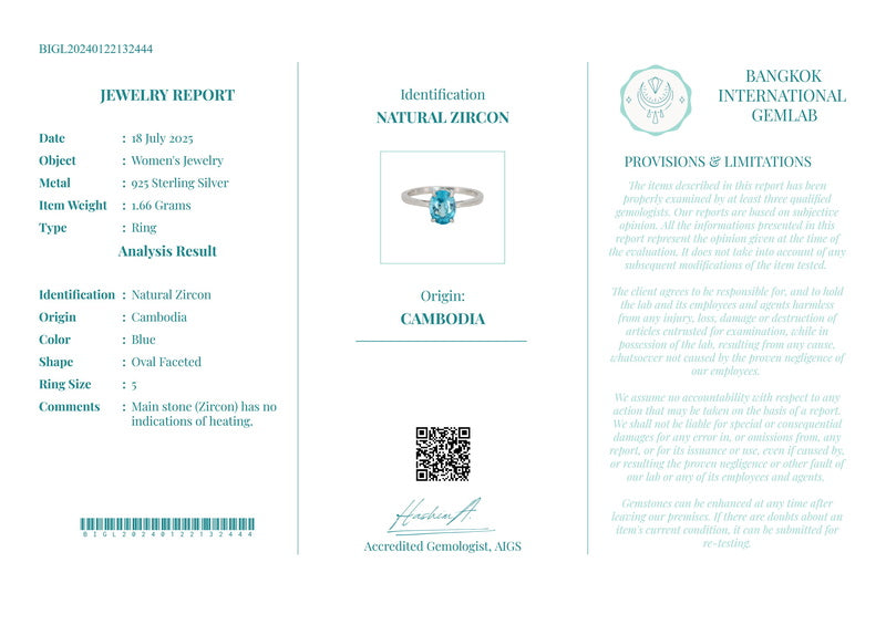 Anillo de Circón Natural Azul en Plata 925 Certificada