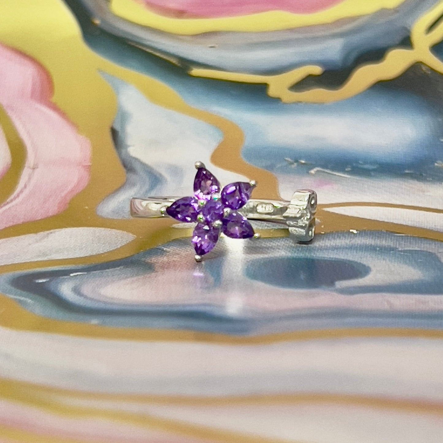 Flor de Ametista – Anel Ajustável em Prata de Lei 925