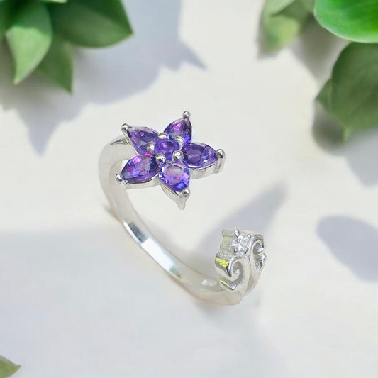 Bague ajustable en argent sterling 925 avec fleur d'améthyste
