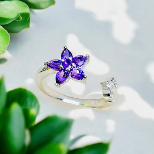 Bague ajustable en argent sterling 925 avec fleur d'améthyste