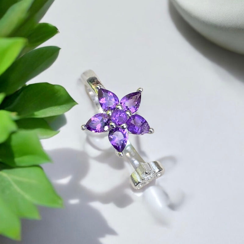 Flor de Ametista – Anel Ajustável em Prata de Lei 925