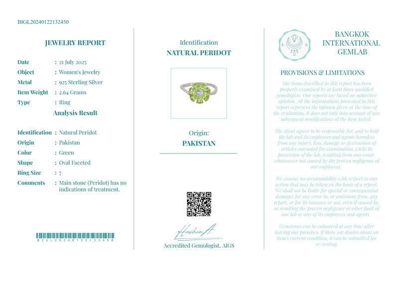 Anillo Flor de Peridoto Natural en Plata 925 Certificada