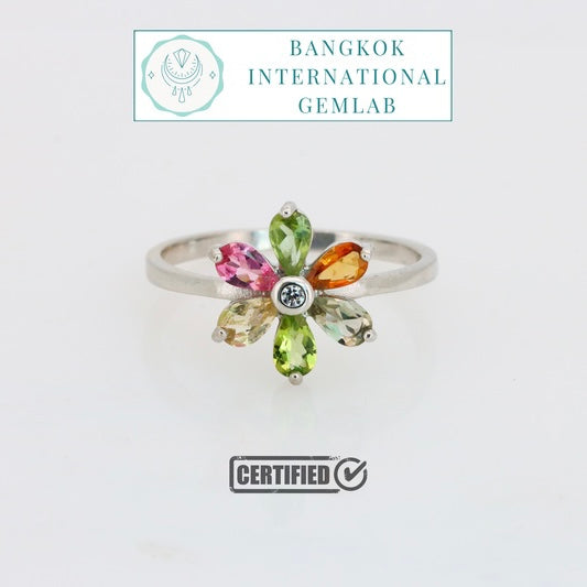 Flor de Turmalinas Naturales Multicolor  Anillo en Plata 925 Certificada