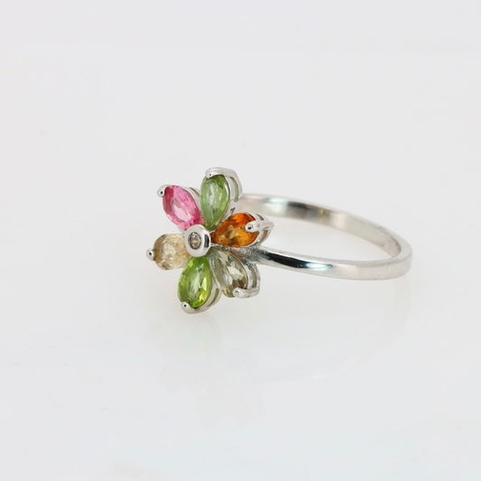 Flor de Turmalinas Naturales Multicolor  Anillo en Plata 925 Certificada