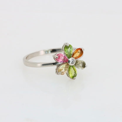 Flor de Turmalinas Naturales Multicolor  Anillo en Plata 925 Certificada