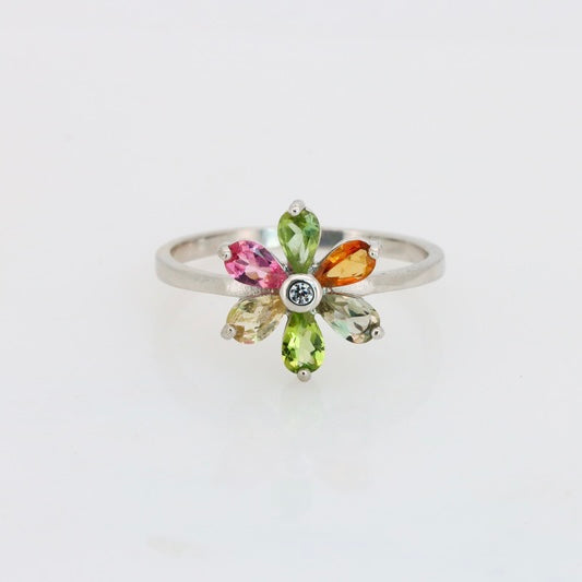 Flor de Turmalinas Naturales Multicolor  Anillo en Plata 925 Certificada