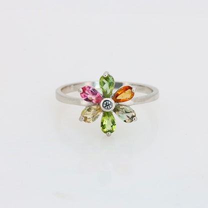 Flor de Turmalinas Naturales Multicolor  Anillo en Plata 925 Certificada