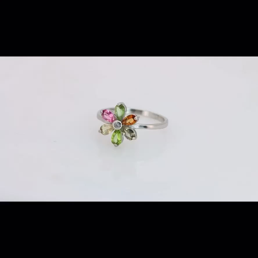 Flor de Turmalinas Naturales Multicolor  Anillo en Plata 925 Certificada