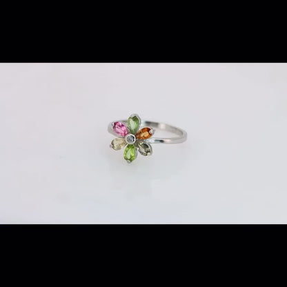 Flor de Turmalinas Naturales Multicolor  Anillo en Plata 925 Certificada
